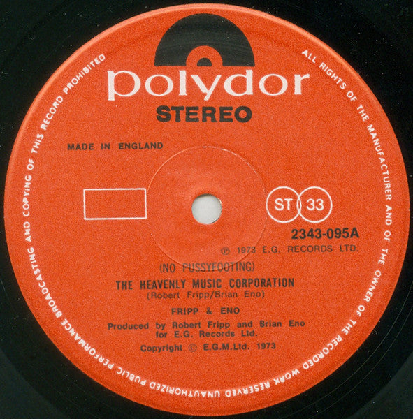 Image of Label Cover of LP - VG/VG+ - FRIPP & ENO, (No Pussyfooting) (Polydor; 2343 095, UK 1977 Reissue), Light edge and ring wear. Light sticker ghost. Light wear to disc.,  - 3146134S
