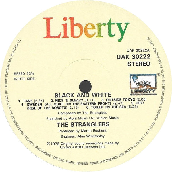 Image of Label Cover of LP - VG/VG+ - THE STRANGLERS, Black And White (Liberty; UAK 30222, UK , Inner, Stereo), ,  - 3146179S