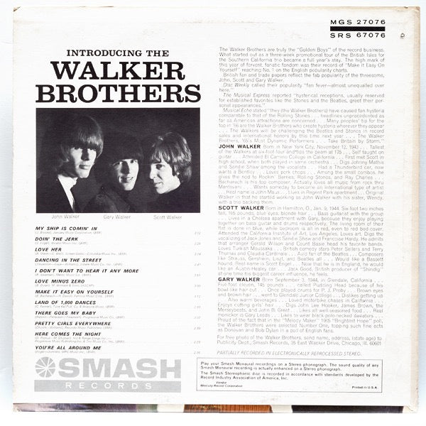 Image of Back Cover of LP - VG/VG - THE WALKER BROTHERS, Introducing The Walker Brothers (Smash Records Red Labels; MGS-27076, US 1965, Mono), Hole punch through sleeve and label,  - 3116094C