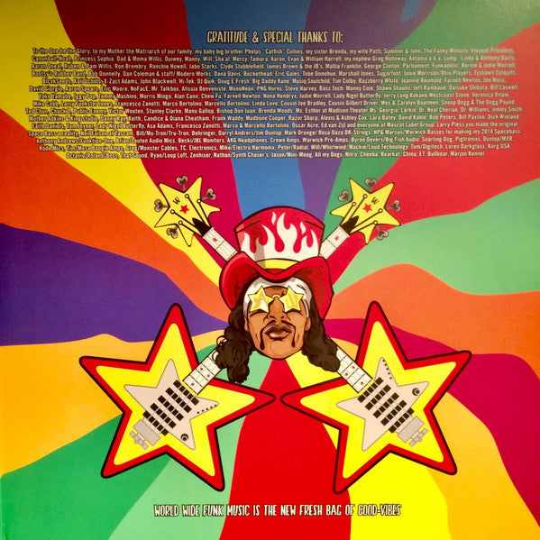 Image of Back Cover of 2xLP - VG+/VG+ - BOOTSY COLLINS, World Wide Funk (Mascot Records; M 75141, UK, Europe & US 2017, Gatefold, Booklet, Limited Edition Splatter vinyl), ,  - 3126166E