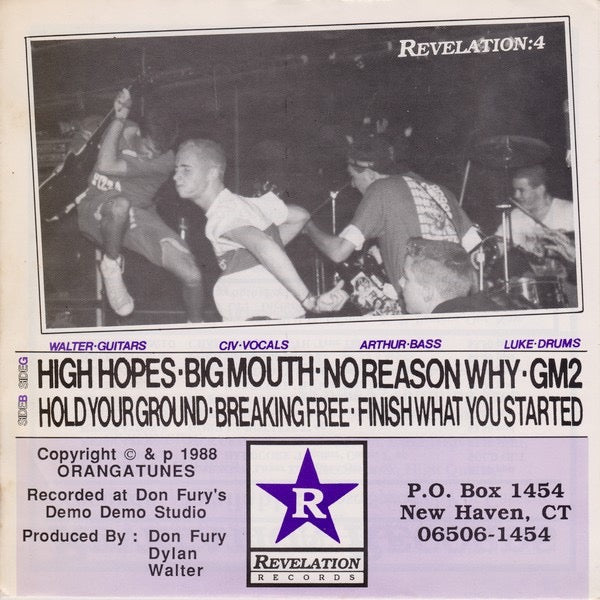 Image of Back Cover of 7" EP - VG/VG - GORILLA BISCUITS, Gorilla Biscuits (Revelation Records; REVELATION:4, US 1988, Fold Over Sleeve, Poster, Repress Of 2000, Opaque Yellow Vinyl), Strong VG throughout, Just a few very fine hairline marks only visible under strong light, Plays great, A few light creases to sleeve, Nice, crisp poster, Looks untouched. ,  - 3116096C