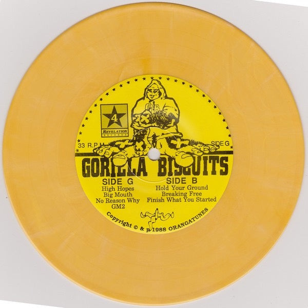 Image of Label Cover of 7" EP - VG/VG - GORILLA BISCUITS, Gorilla Biscuits (Revelation Records; REVELATION:4, US 1988, Fold Over Sleeve, Poster, Repress Of 2000, Opaque Yellow Vinyl), Strong VG throughout, Just a few very fine hairline marks only visible under strong light, Plays great, A few light creases to sleeve, Nice, crisp poster, Looks untouched. ,  - 3116096C