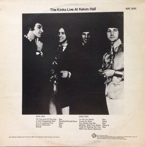 Image of Back Cover of LP - VG/VG+ - THE KINKS, Live At Kelvin Hall (Precision; NSPL 18191, UK 1981 Reissue), Edge and Ring Wear,  - 3146194S