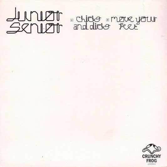 Image of Front Cover of 7" - G+/VG - JUNIOR SENIOR, Chicks And Dicks / Move Your Feet (Crunchy Frog; JUNIORDJ2, UK 2003, Promo, Picture Sleeve), Sleeve has wear, a large sticker ghost on front, staining on reverse,  - 3116233C