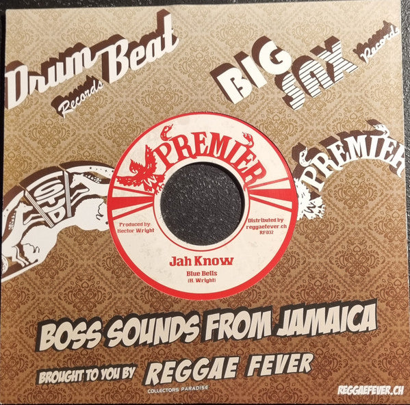 Image of Front Cover of 7" - VG/VG+ - BLUE BELLS, Jah Know (Premier ; RF032, Switzerland 2014 Reissue), Sleeve wavy and labels lightly stained (likely from liquid damage),  - 3116237C