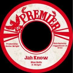 Image of Label Cover of 7" - VG/VG+ - BLUE BELLS, Jah Know (Premier ; RF032, Switzerland 2014 Reissue), Sleeve wavy and labels lightly stained (likely from liquid damage),  - 3116237C