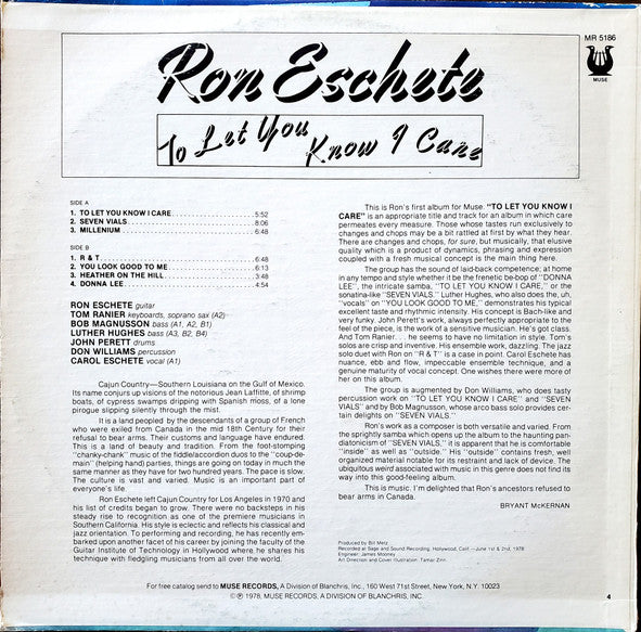 Image of Back Cover of LP - VG+/VG - RON ESCHETE, To Let You Know I Care (Muse Records; MR 5186, US 1979, Pasteback Sleeve), Light marks on disc.,  - 3146146S