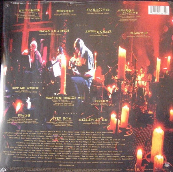 Image of Back Cover of 2xLP - NEW - ALICE IN CHAINS, MTV Unplugged (Sony; 19802848671, Europe 2026 Reissue), , Originally recorded in 1996, Alice In Chains MTV Unplugged captures one of the most powerful and intimate performances of the era. The set showcases Alice In Chains' signature blend of haunting melodies, acoustic arrangements, and raw emotional depth. Recorded at Brooklyn Academy of Music in NYC, the performance finds the band reimagining fan favorites including "Nutshell," "Down in a Hole," "Roost