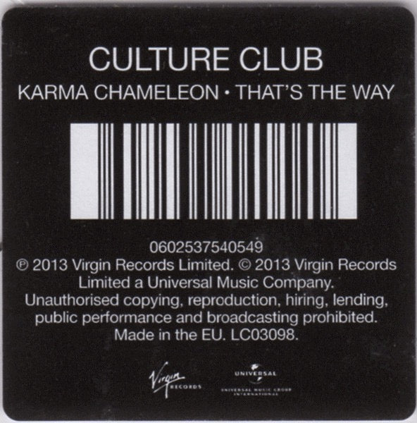 Image of Label Cover of 7" - VG/VG - CULTURE CLUB, Karma Chameleon (Virgin; 0602537540549, Europe 2013, Clear Plastic Stickered Sleeve, Picture Disc), A few light marks, Small split to bottom of PVC,  - 3116271C