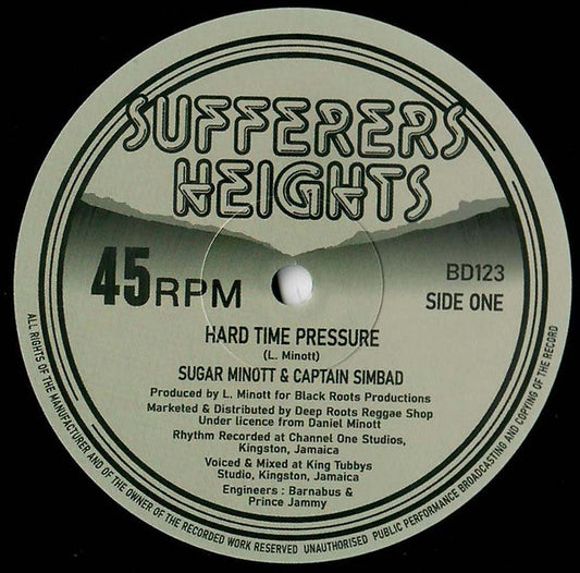 Image of Front Cover of 12" - /VG+ - SUGAR MINOTT & CAPTAIN SIMBAD, Hard Time Pressure (Sufferers Heights; BD123, France 2021 Reissue), Light sleeve lines.,  - 3126157E