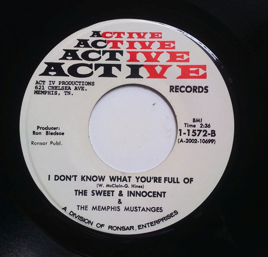 Image of Front Cover of 7" - /EX - THE SWEET & INNOCENT & THE MEMPHIS MUSTANGS, Cry Love / I Don't Know What You're Full Of (Active Records; AR 51006, US 2006 Reissue, Plain sleeve), ,  - 3126184E