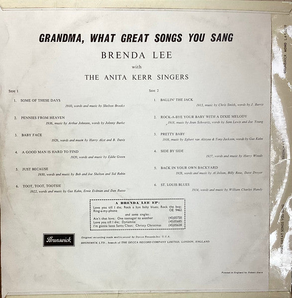 Image of Back Cover of LP - VG+/VG+ - BRENDA LEE, Grandma What Great Songs You Sang! (Brunswick; LAT 8319, UK 1959, Laminated Front Sleeve), ,  - 3126061E