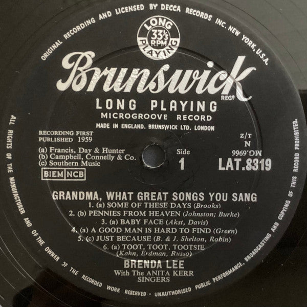 Image of Label Cover of LP - VG+/VG+ - BRENDA LEE, Grandma What Great Songs You Sang! (Brunswick; LAT 8319, UK 1959, Laminated Front Sleeve), ,  - 3126061E