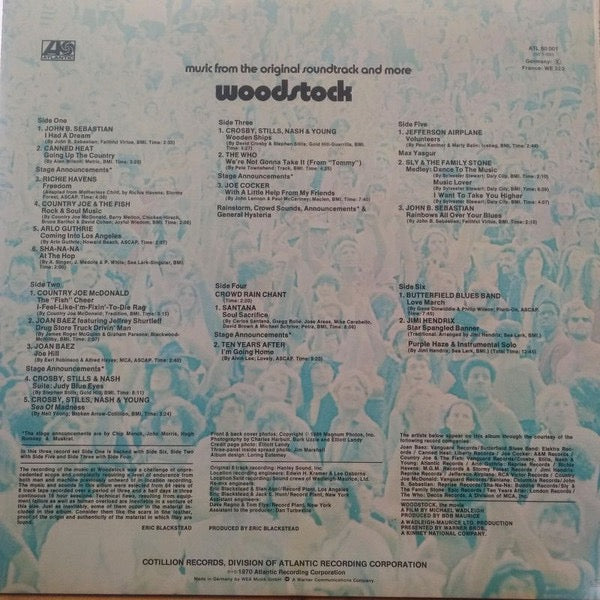 Image of Back Cover of 3xLP - VG/VG+ - VARIOUS, Woodstock - Music From The Original Soundtrack And More (Atlantic; ATL 60 001, Europe 1980s Reissue, Triple Gatefold), ,  - 3116260C