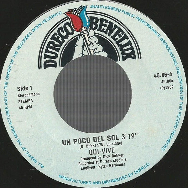 Image of Back Cover of 7" - VG/VG+ - QUI VIVE, Un Poco Del Sol (Dureco Benelux; 4586, Netherlands 1982, Picture Sleeve), Light edge wear, slightly frayed top edge. A couple superficial hairlines on disc, plays flawlessly.,  - 3156084S