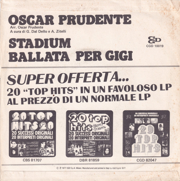 Image of Back Cover of 7" - VG/VG - OSCAR PRUDENTE, Stadium (CGD; CGD 10019, Italy 1977, Picture Sleeve, Italian Sports TV Theme), Small cataloguing stickers on sleeve. Small tear on loading side. A couple superficial hairlines on disc, plays clean.,  - 3156086S