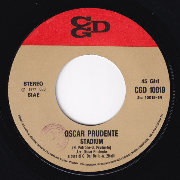 Image of Label Cover of 7" - VG/VG - OSCAR PRUDENTE, Stadium (CGD; CGD 10019, Italy 1977, Picture Sleeve, Italian Sports TV Theme), Small cataloguing stickers on sleeve. Small tear on loading side. A couple superficial hairlines on disc, plays clean.,  - 3156086S