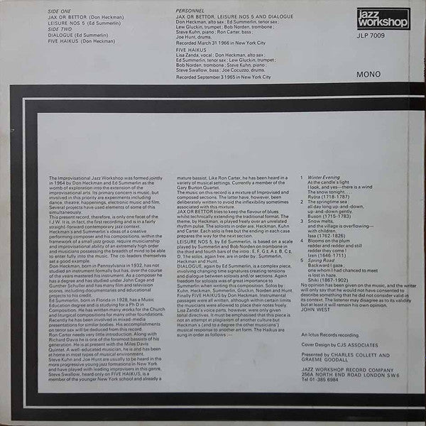Image of Back Cover of LP - VG/VG - DON HECKMAN | ED SUMMERLIN IMPROVISATIONAL JAZZ WORKSHOP* FEATURING RON CARTER | STEVE KUHN, Jax Or Bettor (Jazz Workshop; JLP 7009, UK 1968, Mono), ,  - 3126212E