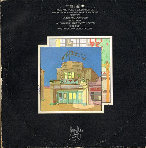 Image of Back Cover of 2xLP - G+/G+ - LED ZEPPELIN, The Soundtrack From The Film The Song Remains The Same (Swan Song; SS 2-201, Germany 1970s Reissue, Embossed Textured Gatefold Sleeve with glued-in Booklet, 2 Black Inners, LC & GEMA labels), Lots of marks but nothing too deep, heavy edge & ring wear, seam splits on Inners,  - 3146206S