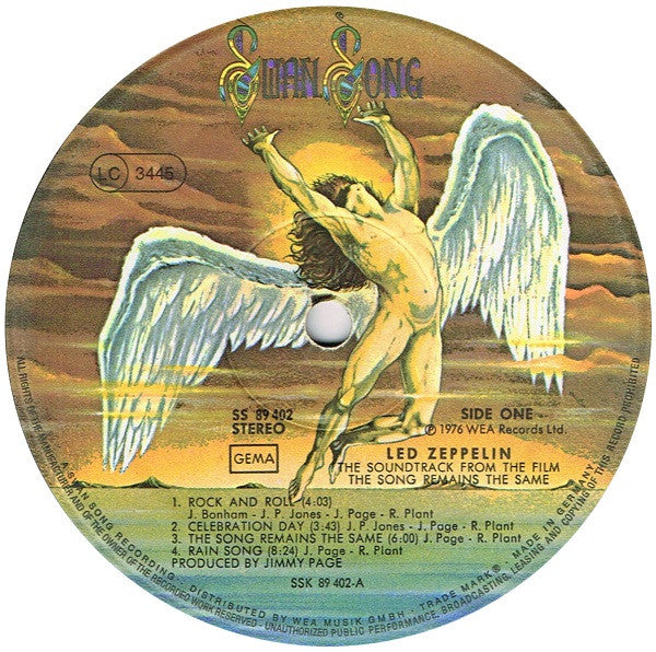 Image of Label Cover of 2xLP - G+/G+ - LED ZEPPELIN, The Soundtrack From The Film The Song Remains The Same (Swan Song; SS 2-201, Germany 1970s Reissue, Embossed Textured Gatefold Sleeve with glued-in Booklet, 2 Black Inners, LC & GEMA labels), Lots of marks but nothing too deep, heavy edge & ring wear, seam splits on Inners,  - 3146206S
