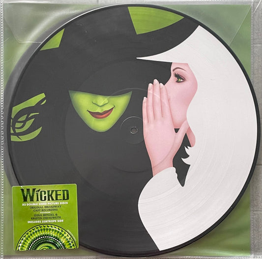 Image of Front Cover of 2xLP - VG+/VG+ - STEPHEN SCHWARTZ FEATURING IDINA MENZEL & KRISTIN CHENOWETH, Wicked (The Original Broadway Cast Recording) (Decca Broadway; 00602478109621, Europe 2025 Reissue, Stickered Clear Plastic Gatefold Sleeve, Insert, Picture Discs with one Zoetrope side), ,  - 3146207S