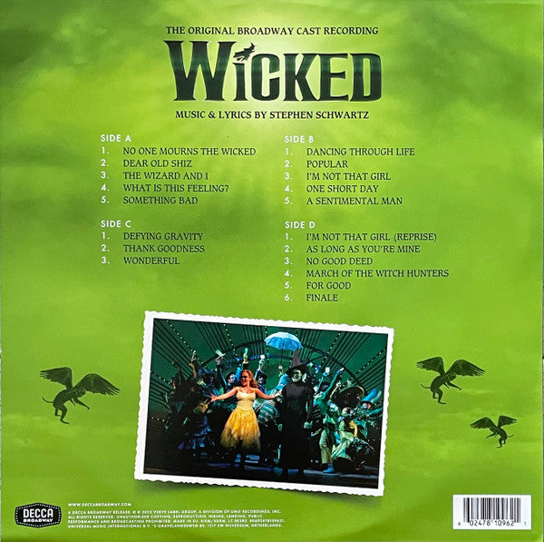 Image of Back Cover of 2xLP - VG+/VG+ - STEPHEN SCHWARTZ FEATURING IDINA MENZEL & KRISTIN CHENOWETH, Wicked (The Original Broadway Cast Recording) (Decca Broadway; 00602478109621, Europe 2025 Reissue, Stickered Clear Plastic Gatefold Sleeve, Insert, Picture Discs with one Zoetrope side), ,  - 3146207S