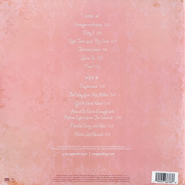 Image of Back Cover of LP - VG/VG+ - ARIANA GRANDE, Yours Truly (Republic Records; 00602577974496, USA & Europe 2026 Reissue, Gatefold, Pink & Gray Swirl Vinyl), Light wear to front cover,  - 3146229S