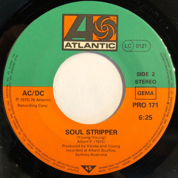 Image of Back Cover of 7" - VG/VG - AC/DC, Baby Please Don't Go / Jail Break (Atlantic Green & Orange Label; PRO 171, Germany 1980s, Company Sleeve, Large Centre), ,  - 3116282C