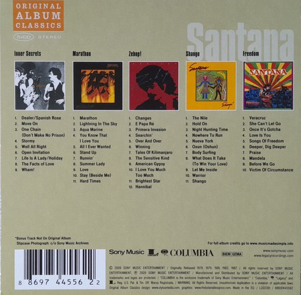 Image of Back Cover of 5xCD - VG+/EX - SANTANA, Original Album Classics (Columbia; 88697445562, Europe Reissue, Slipcase), ,  - 3116269C