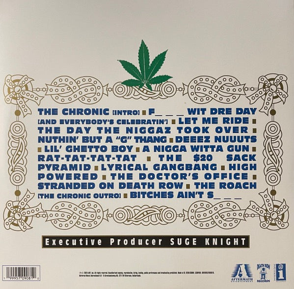 Image of Back Cover of 2xLP - VG+/VG+ - DR. DRE, The Chronic (Aftermath Records; 00199957090810, Europe 2026 Reissue, Insert, Hub Cap Grey Vinyl), Still In Opened Shrinkwrap With Hype Sticker,  - 3146236S