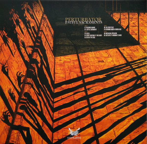 Image of Back Cover of 2x12" - VG/VG+ - PERTURBATOR, Lustful Sacraments (Blood Music; BLOOD-250, UK 2021, Gatefold, Black Inners, Orange Vinyl. Limited to 500 Copies.), Bumped corner, corner wear, faint ring wear.,  - 3126276E