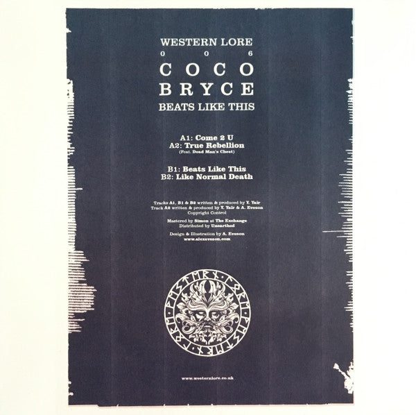 Image of Back Cover of 12" EP - VG/VG - COCO BRYCE, Beats Like This (Western Lore; LORE006, UK 2019, Picture Sleeve), Sleeve has some creasing, A1		Come 2 UA2		True RebellionB1		Beats Like ThisB2		Like Normal Death - 3116419C