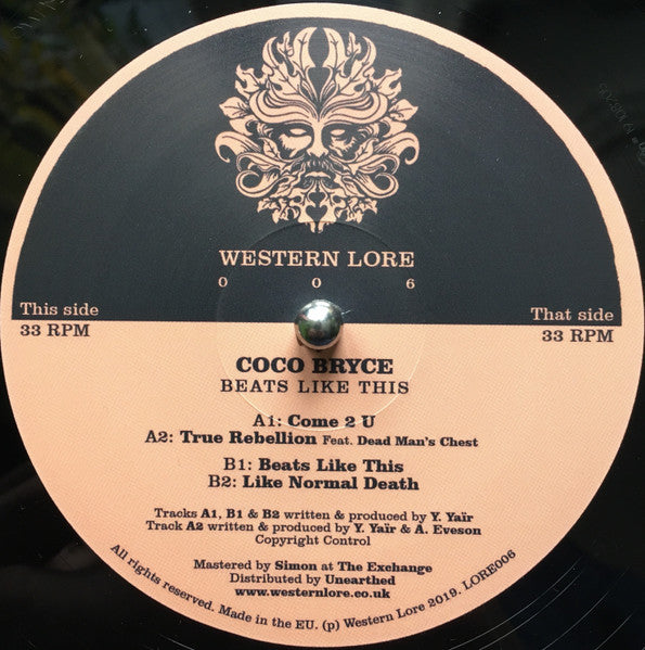 Image of Label Cover of 12" EP - VG/VG - COCO BRYCE, Beats Like This (Western Lore; LORE006, UK 2019, Picture Sleeve), Sleeve has some creasing, A1		Come 2 UA2		True RebellionB1		Beats Like ThisB2		Like Normal Death - 3116419C