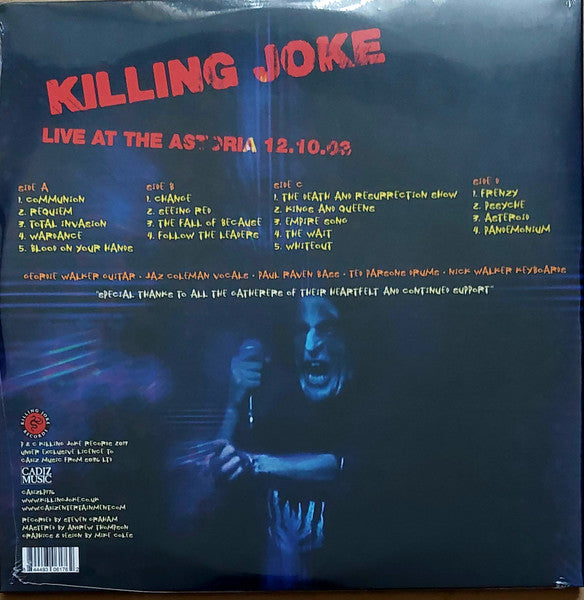 Image of Back Cover of 2xLP - VG+/EX - KILLING JOKE, Malicious Damage - Live At The Astoria 12.10.03 (Cadiz Music; CADIZLP176, UK 2019, Gatefold, Black Inners, Red Vinyl), Seal opened instore, still partially in shrinkwrap, corner wear. Seam splits to black inners.,  - 3126275E