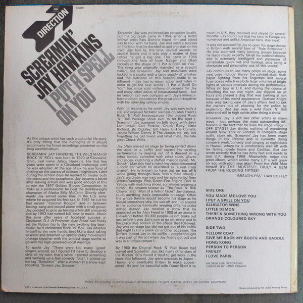 Image of Back Cover of 7" - VG/VG+ - SCREAMIN' JAY HAWKINS, I Put A Spell On You (Direction; M 8-63481, UK 1969, Laminated Front Sleeve, Mono), Lovely shiny copy, a smudge away from EX. Clean labels. Light wear on front lamination, small stains on back.,  - 3146251S