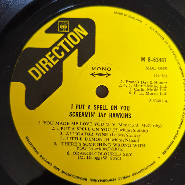 Image of Label Cover of 7" - VG/VG+ - SCREAMIN' JAY HAWKINS, I Put A Spell On You (Direction; M 8-63481, UK 1969, Laminated Front Sleeve, Mono), Lovely shiny copy, a smudge away from EX. Clean labels. Light wear on front lamination, small stains on back.,  - 3146251S