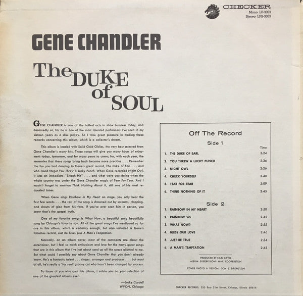 Image of Back Cover of LP - F/VG+ - GENE CHANDLER, The Duke Of Soul (Checker; LPS-3003, US 1967, Pasteback Sleeve, Inner, Stereo), Shiny disc, a couple of scuffs only. Original Chess inner. Sleeve shows damage on left corner and spine with bits missing.,  - 3145253S