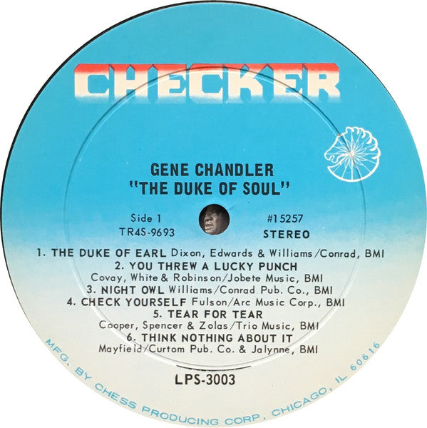 Image of Label Cover of LP - F/VG+ - GENE CHANDLER, The Duke Of Soul (Checker; LPS-3003, US 1967, Pasteback Sleeve, Inner, Stereo), Shiny disc, a couple of scuffs only. Original Chess inner. Sleeve shows damage on left corner and spine with bits missing.,  - 3145253S