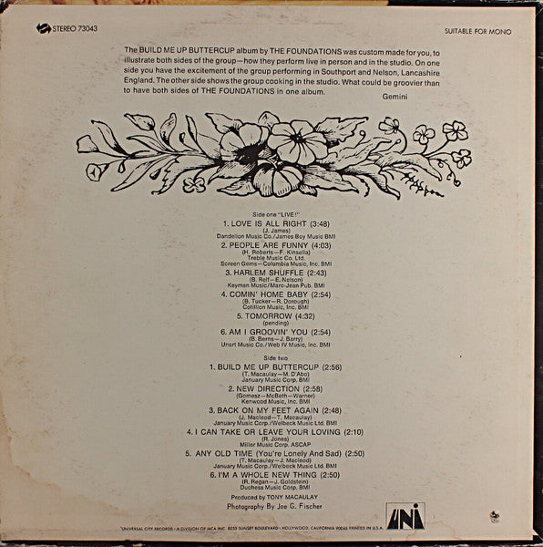 Image of Back Cover of LP - VG/VG+ - THE FOUNDATIONS, Build Me Up Buttercup (UNI Records; 73043, US 1968, Pasteback Sleeve, Stereo), Ringwear on sleeve, not too bad. Sample Copy sticker on back sleeve.,  - 3146254S