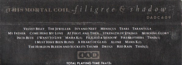 Image of Back Cover of Cassette - VG+/VG+ - THIS MORTAL COIL, Filigree & Shadow (4AD Paper Labels; DADC 609, UK 1986, J-Card, Clear Shell With Smooth Edges), ,  - 3116432C