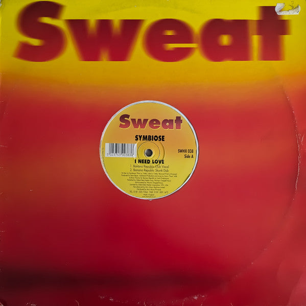 Image of Front Cover of 12" - G+/VG - SYMBIOSE, I Need Love / Amazone (Sweat; SWHX 038, UK 1997, Company Sleeve), Sleeve at wear at edges, evidence of old sticker at top corner, creases, scuffs too, A1 I Need Love (Banana Republic Club Vocal Mix)A2 I Need Love (Banana Republic Skunk Dub)AA1 Amazone (Banana Republic Skunk Dub)AA2 Amazone (Banana Republic Club Mix) - 3116424C