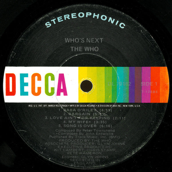 Image of Label Cover of LP - VG/G+ - THE WHO, Who's Next (Decca; DL 79182, US 1971, Los Angeles Pressing), ,  - 3126307E