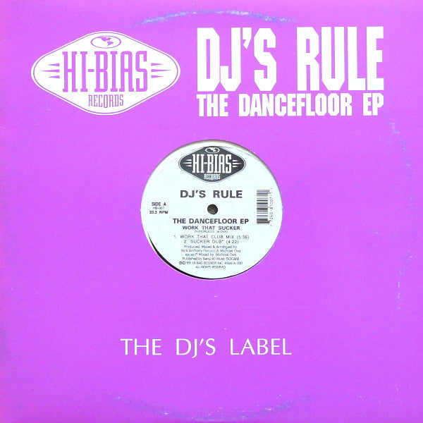 Image of Front Cover of 12" - G/G+ - DJ'S RULE, The Dancefloor EP (Hi-Bias Records; HB-007, Canada 1991, Company Sleeve), Sleeve has large liquid stain at corner, wear and damage, A1 Work That Sucker (Work That Club Mix)A2 Work That Sucker (Sucker Dub)B1 Set Me Free (Frantic Club Mix)B2 Set Me Free (After Hours Dub) - 3116425C