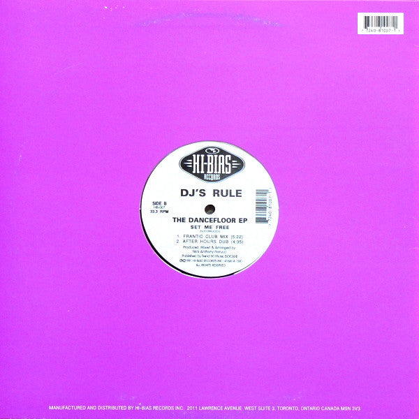 Image of Back Cover of 12" - G/G+ - DJ'S RULE, The Dancefloor EP (Hi-Bias Records; HB-007, Canada 1991, Company Sleeve), Sleeve has large liquid stain at corner, wear and damage, A1 Work That Sucker (Work That Club Mix)A2 Work That Sucker (Sucker Dub)B1 Set Me Free (Frantic Club Mix)B2 Set Me Free (After Hours Dub) - 3116425C