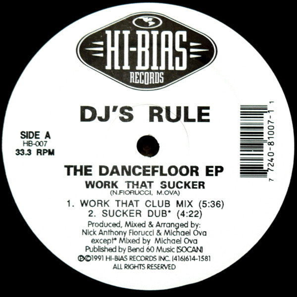 Image of Label Cover of 12" - G/G+ - DJ'S RULE, The Dancefloor EP (Hi-Bias Records; HB-007, Canada 1991, Company Sleeve), Sleeve has large liquid stain at corner, wear and damage, A1 Work That Sucker (Work That Club Mix)A2 Work That Sucker (Sucker Dub)B1 Set Me Free (Frantic Club Mix)B2 Set Me Free (After Hours Dub) - 3116425C