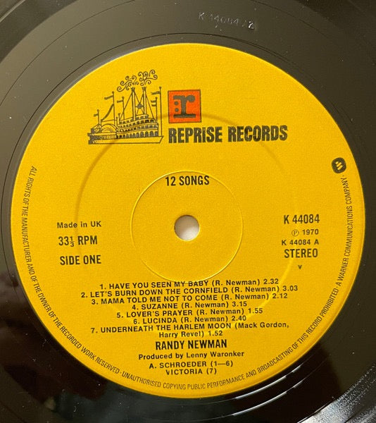 Image of Label Cover of LP - VG+/VG+ - RANDY NEWMAN, 12 Songs (Reprise Records Yellow Steamboat Labels With W In Rim Text; K 44084, UK 1970s Reissue), ,  - 3116288C