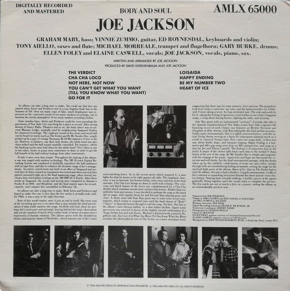 Image of Back Cover of LP - VG/VG - JOE JACKSON, Body And Soul (A&M Records; AMLX 65000, UK 1984), ,  - 3116289C