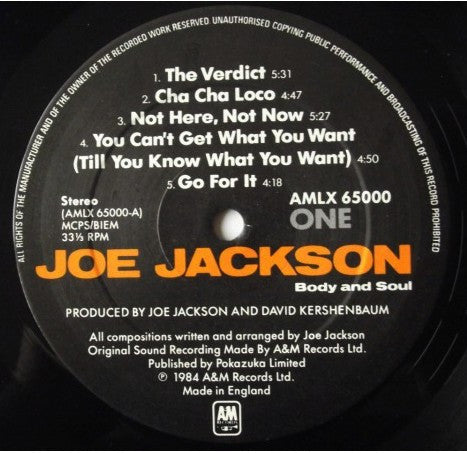 Image of Label Cover of LP - VG/VG - JOE JACKSON, Body And Soul (A&M Records; AMLX 65000, UK 1984), ,  - 3116289C