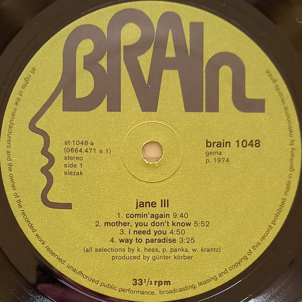 Image of Label Cover of LP - VG/VG - JANE , III (Brain; BRAIN 1048, Germany 1975 Reissue, Laminated Front Gatefold Sleeve, Green Labels Without Metronome), Strong VG disc. Laminate creasing, light edge wear. Made in Germany sticker on back of sleeve.,  - 3126310E