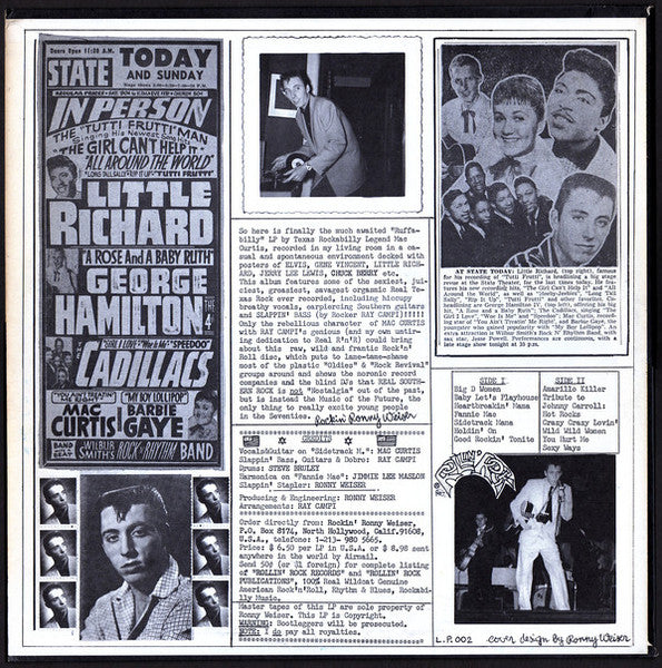 Image of Back Cover of LP - VG/VG - MAC CURTIS, Ruffabilly (Rollin' Rock; L.P. 002, US 1973), Light scuffs and hairlines only.  Edge wear, paricularly along spine, some creasing.  Pen on label. ,  - 3126256E
